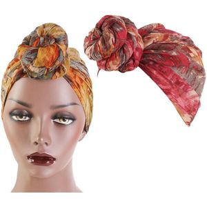 3 PCS Tie-Dye Ball Turban Hat Ethnic Style Knotted Hat Ladies Scarf Wrap Head Hat(Wine Red)