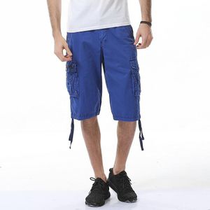 Summer Multi-pocket Solid Color Loose Casual Cargo Shorts for Men (Color:Sapphire Blue Size:36)