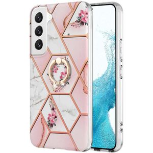 Voor Samsung Galaxy S22+ 5G splitsen marmeren bloempatroon TPU ringhouder (roze bloem)