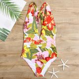 Deep V-neck Printed Triangle One-Piece Swimsuit for Ladies  with Chest Pad (Color:Big Flower on White Background Size:M)