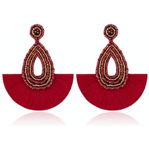 Bohemian Tassel Earrings Female Ethnic Style Rice Bead Earrings(Red )