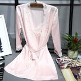 2 in 1 Ladies Lace Silk Sling Nightdress + Cardigan Nightgown Set (Color:Pink Size:M)