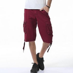 Summer Multi-pocket Solid Color Loose Casual Cargo Shorts for Men (Color:Wine Red Size:34)