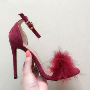 Plush Peep-Toe High Heels  Size:43(Wine Red)
