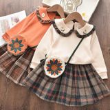 Plaid Top + Pleated Half-length Princess Skirt Two-piece Suit (Color:White Size:120)