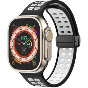 Magnetische vouwsluiting vierkante gaten siliconen horlogeband voor Apple Watch Ultra 49 mm / serie 8 & 7 45 mm / SE 2 & 6 & SE & 5 & 4 44 mm / 3 & 2 & 1 42 mm (zwart wit)