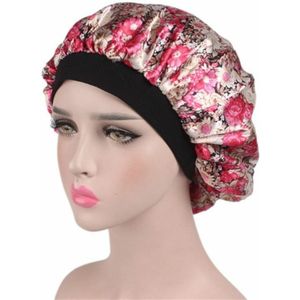 2 PCS Women Satin Night Sleep Cap Hair Bonnet Hat Silk Head Cover Wide Elastic Band(Magenta Small Flower)