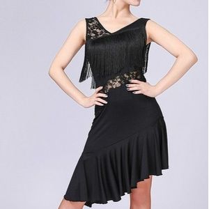 Latin Dance Dress Women Tassel Tango Dress Dance Skirt Dancewear  SizeL(Black)