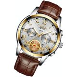 FNGEEN 4001 Men Non-Mechanical Watch Multi-Function Quartz Watch  Colour: Brown leather Gold White Surface
