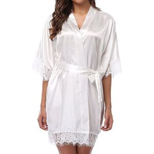 Half Sleeve Robe Women Faux Silk Pajama Sexy Night Dress  Size:XXL(White)