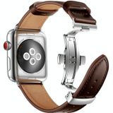 Echt leer + vlinder zilveren gesp vervangende watchbands voor Apple Watch Series 6 & se & 5 & 4 44mm / 3 & 2 & 1 42mm (donkerbruin)