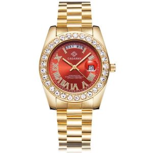 Cagarny 6886 Diamant-ingelatte Romeinse numerale wijzerplaatken Watch voor mannen (Gold Shell Red Dial)