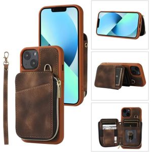 Voor iPhone 13 Rits Card Bag Back Cover Phone Case(Bruin)
