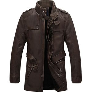 Men Long Style Leather Jacket Coat (Color:Brown Size:M)