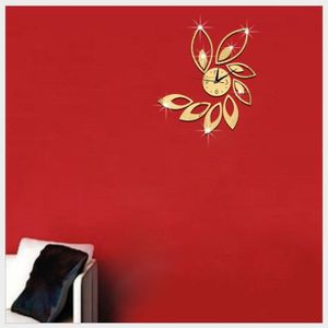 Flower Art Modern Design DIY Removable 3D Crystal Mirror Wall Clock Wall Sticker Living Room Bedroom Decor(Gold)