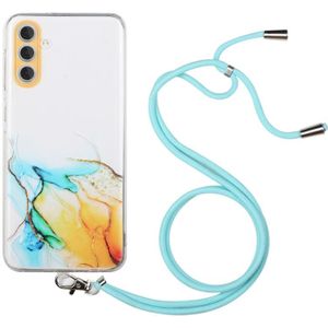 Voor Samsung Galaxy A34 5G Hol Marmeren Patroon TPU Schokbestendig Telefoonhoesje met Nekkoord Touw (Geel)