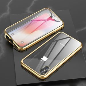 For iPhone XR Ultra Slim Double Sides Magnetic Adsorption Angular Frame Tempered Glass Magnet Flip Case(Gold)