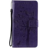Tree & Cat Pattern Pressed Printing Horizontal Flip PU Leather Case with Holder & Card Slots & Wallet & Lanyard For iPhone 13 mini(Purple)