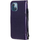 Tree & Cat Pattern Pressed Printing Horizontal Flip PU Leather Case with Holder & Card Slots & Wallet & Lanyard For iPhone 13 mini(Purple)