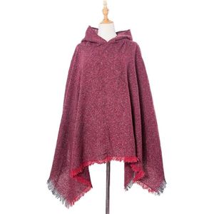Spring Autumn Winter Checkered Pattern Hooded Cloak Shawl Scarf  Length (CM): 135cm(DP3-06 Wine Red)