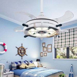 Creative Rudder Fan Light Children Bedroom Invisible Small Ceiling Fan with 3 Gear Dimming(36 inch S Sailing / Remote Control)