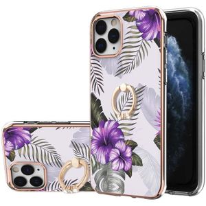 Electroplating Pattern IMD TPU Shockproof Case met Rhinestone Ringhouder voor iPhone 11 Pro (Purple Flower)