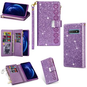 For Samsung Galaxy S10 5G Multi-card Slots Starry Sky Laser Carving Glitter Zipper Horizontal Flip Leather Case with Holder & Wallet & Lanyard(Purple)