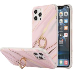 Four Corners Shocproof Flow Gold Marble IMD Back Cover Case with Metal Rhinestone Ring For iPhone 13 mini(Pink)