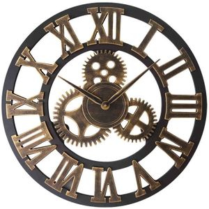 Retro Wooden Round Single-sided Gear Clock Rome Number Wall Clock  Diameter: 50cm (Gold)