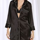 Sexy Silk Pajamas Nightgown Summer Silk Shirt (Color:Black Size:M)