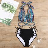 2 in 1 Ladies Deep V Neck Halter Backless Bikini Leopard Print Split Swimsuit Set with Chest Pad (Color:Blue Colorful Size:S)
