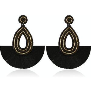 Bohemian Tassel Earrings Female Ethnic Style Rice Bead Earrings(Black )