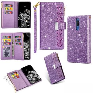 For Huawei Mate 10 Lite Multi-card Slots Starry Sky Laser Carving Glitter Zipper Horizontal Flip Leather Case with Holder & Wallet & Lanyard(Purple)