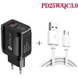PD25W USB-C / TYPE-C + QC3.0 USB DUBLE PORTS Snelle oplader met USB naar Micro USB-gegevenskabel  EU-plug