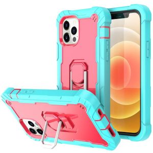 PC + Rubber 3-layers Shockproof Protective Case with Rotating Holder For iPhone 12 Pro Max(Mint Green + Rose Red)