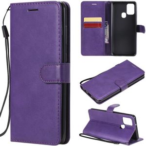 For Samsung Galaxy A21s Solid Color Horizontal Flip Protective Leather Case with Holder & Card Slots & Wallet & Photo Frame & Lanyard(Purple)