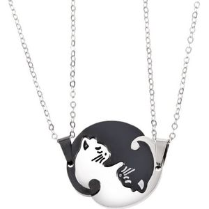 Couples Jewelry Necklaces Titanium Steel Animal Cat Pendants Necklace(White and Black Cat with Metal Chain)