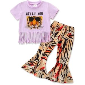 Girls Short-sleeved Fringed Blouse And Floral Pants Two-piece Suit (Color:Purple Size:110)