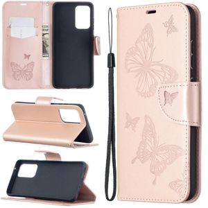 For Samsung Galaxy A52 5G Embossing Two Butterflies Pattern Horizontal Flip PU Leather Case with Holder & Card Slot & Wallet & Lanyard(Rose Gold)