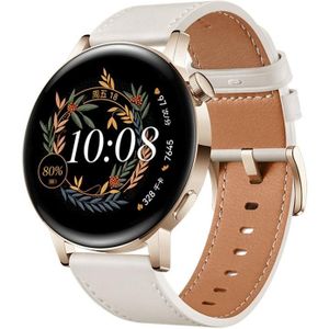 Huawei Horloge GT 3 Smart Horloge 42mm Lederen Polsband  1.32 Inch Amoled Scherm  Ondersteuning Hartslag Monitoring / GPS / 7-Days Battery Life / NFC (White)
