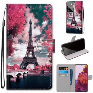 For Samsung Galaxy S21 Ultra 5G Coloured Drawing Cross Texture Horizontal Flip PU Leather Case with Holder & Card Slots & Wallet & Lanyard(Pink Flower Tower Bridge)