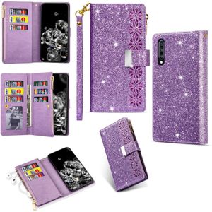 For Samsung Galaxy A70 / A70s Multi-card Slots Starry Sky Laser Carving Glitter Zipper Horizontal Flip Leather Case with Holder & Wallet & Lanyard(Purple)