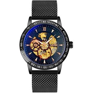 SKMEI 9216 Men Skeleton Automatic Mechanical Watch Stainless Steel Band Luminous Watch(Black Shell Black Noodle)