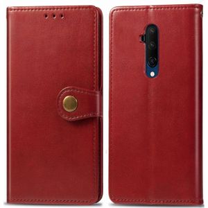 For One Plus 7T Pro Retro Solid Color Leather Buckle Phone Case with Lanyard & Photo Frame & Card Slot & Wallet & Stand Function(Red)