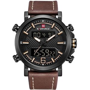 NAVIFORCE 9135 Sport Watch Leather Waterproof Quartz Watches Date LED Analog Clock for Men