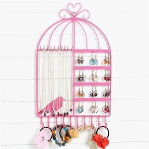 Birdcage Shape Ear Stud Earrings Bracelet Pendant Necklace Jewelry Display Storage Rack (Pink)