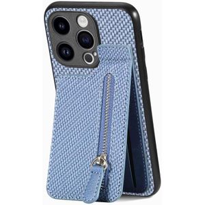 Voor iPhone 15 Pro Koolstofvezel Verticale Flip Rits Telefoonhoesje (Blauw)