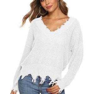 Irregular Tassel Loose V-neck Sweater (Color:White Size:XL)