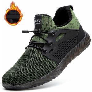 Jiefu Plush Flying Knitted Air Permeable Insulating Steel Head Anti Smashing And Anti Piercing Safety Shoes (Color:Green Size:47)