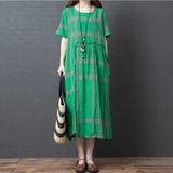 Zomer ronde hals plaid textuur katoen mid-length loose dress voor vrouwen (kleur: groene maat: M)